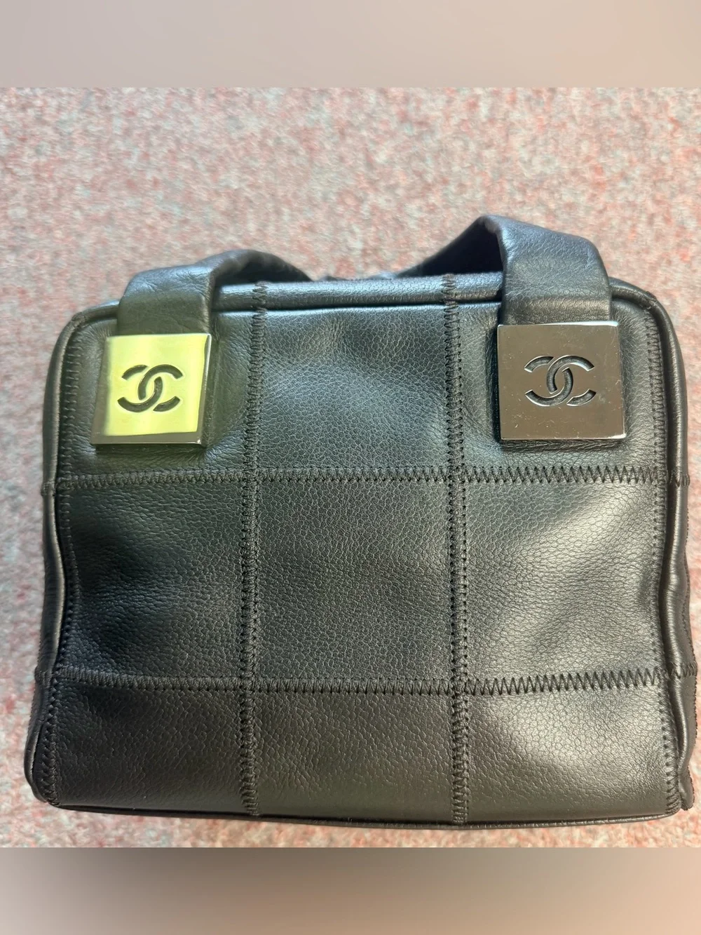 CHANEL Chocolate Bar Coco Mark Caviar Skin Black Silver-Tone Hardware Tote Bag